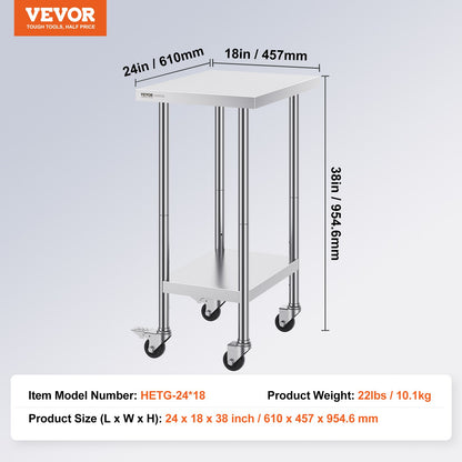 Stainless Steel Work Table 24 x 18 x 38 Inch, with 4 Wheels, 3 Adjustable Height Levels, Heavy Duty Food Prep Worktable for Commercial Kitchen Restaurant, Silver