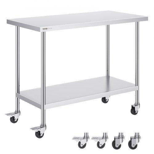 Stainless Steel Work Table 24 x 48 x 38 Inch, with 4 Wheels, 3 Adjustable Height Levels, Heavy Duty Food Prep Worktable for Commercial Kitchen Restaurant, Silver