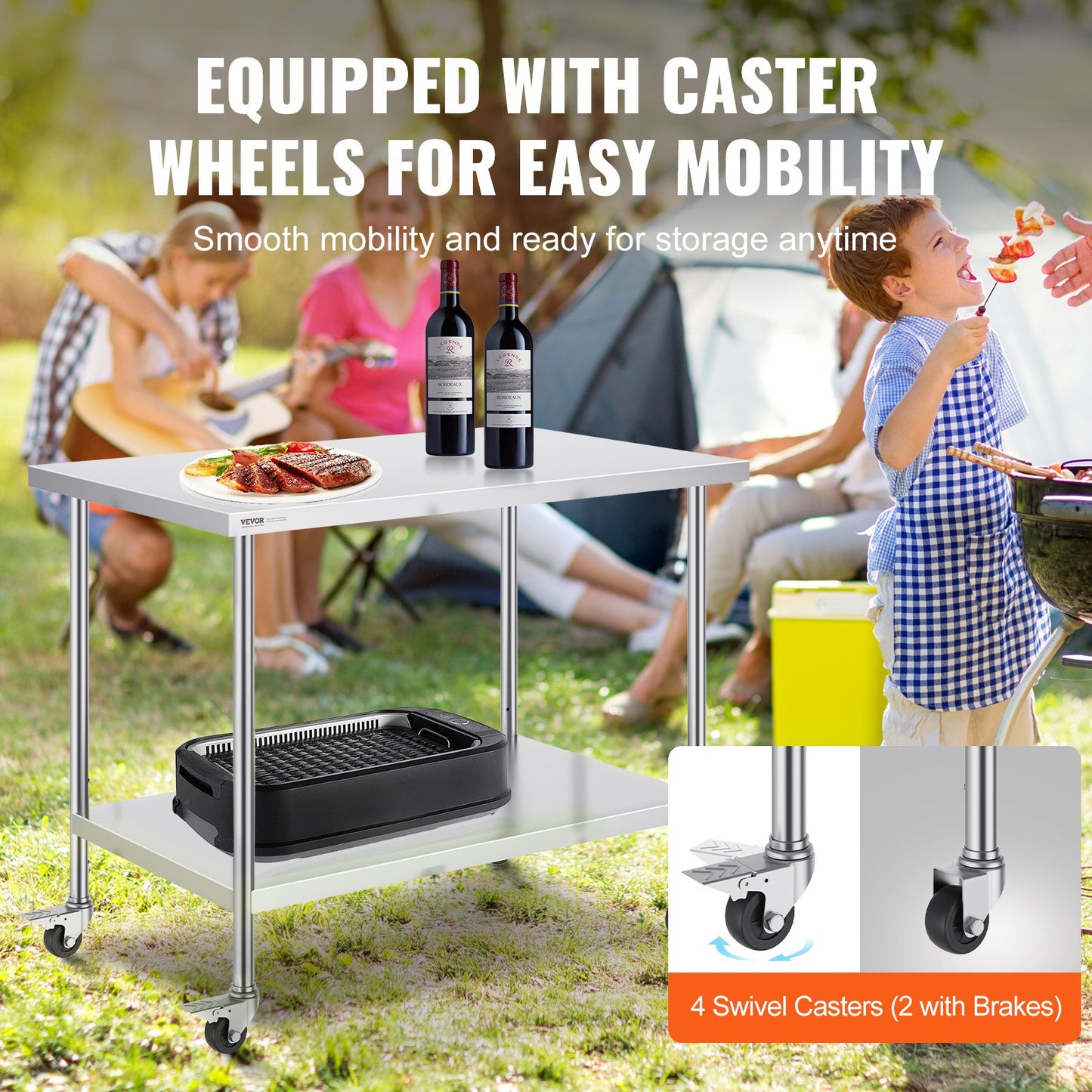 Arbetsbord i rostfritt stål 30 x 48 x 38 tum, med 4 hjul, 3 justerbara höjdnivåer, kraftigt arbetsbord för matlagning för storkök, restaurang, silver