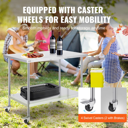 Arbetsbord i rostfritt stål 30 x 48 x 38 tum, med 4 hjul, 3 justerbara höjdnivåer, kraftigt arbetsbord för matlagning för storkök, restaurang, silver