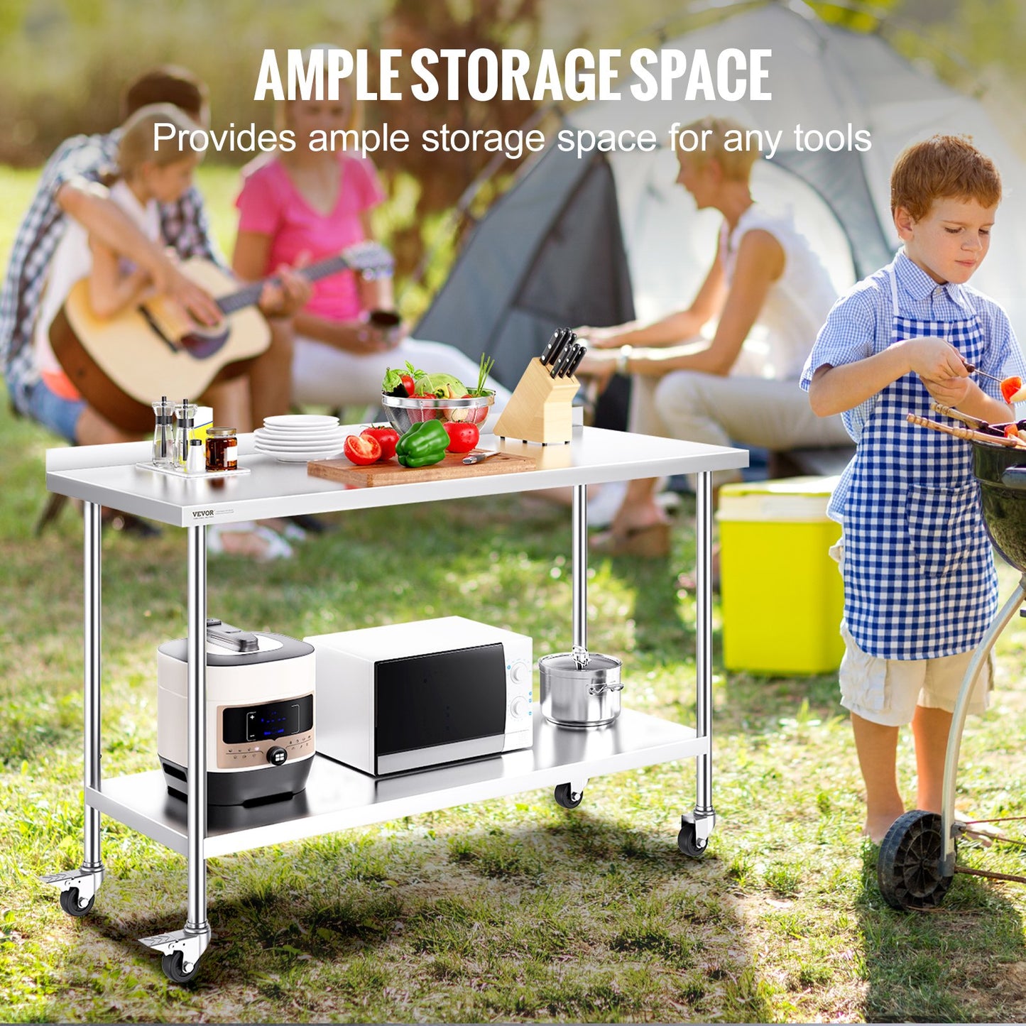 24 x 60 x 40 Inch Stainless Steel Work Table, Commercial Food Prep Worktable with Casters, Heavy Duty Prep Worktable, Metal Work Table with Adjustable Height for Restaurant, Home and Hotel