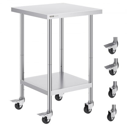Stainless Steel Work Table 24 x 24 x 38 Inch, with 4 Wheels, 3 Adjustable Height Levels, Heavy Duty Food Prep Worktable for Commercial Kitchen Restaurant, Silver