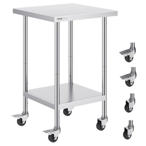 Stainless Steel Work Table 24 x 24 x 38 Inch, with 4 Wheels, 3 Adjustable Height Levels, Heavy Duty Food Prep Worktable for Commercial Kitchen Restaurant, Silver
