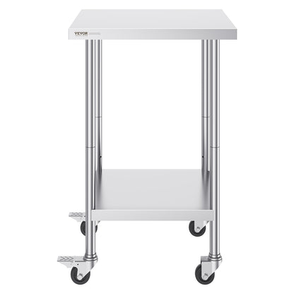 Stainless Steel Work Table 24 x 24 x 38 Inch, with 4 Wheels, 3 Adjustable Height Levels, Heavy Duty Food Prep Worktable for Commercial Kitchen Restaurant, Silver