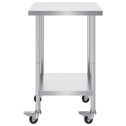 Stainless Steel Work Table 24 x 24 x 38 Inch, with 4 Wheels, 3 Adjustable Height Levels, Heavy Duty Food Prep Worktable for Commercial Kitchen Restaurant, Silver