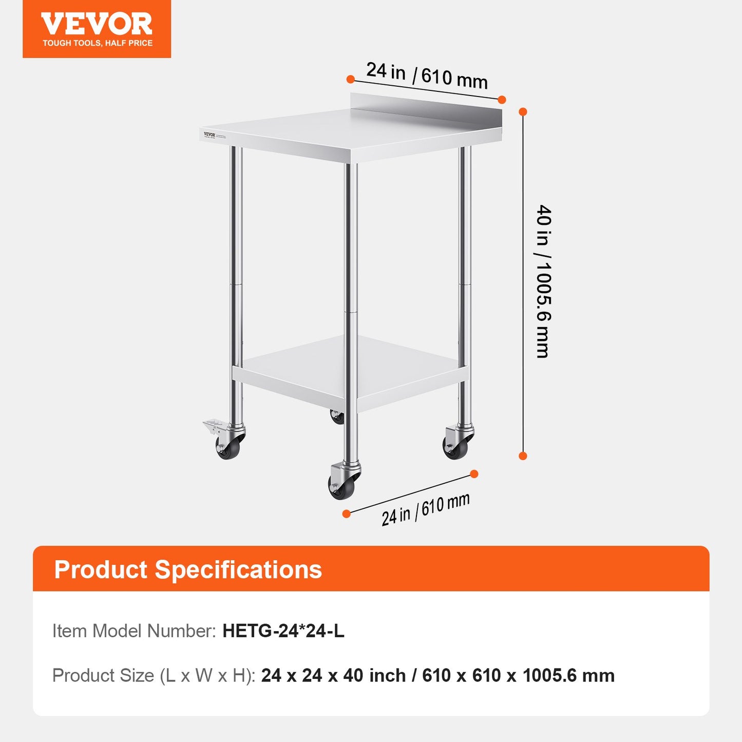 24 x 24 x 40 Inch Stainless Steel Work Table, Commercial Food Prep Worktable with Casters, Heavy Duty Prep Worktable, Metal Work Table with Adjustable Height for Restaurant, Home and Hotel