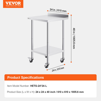 24 x 24 x 40 Inch Stainless Steel Work Table, Commercial Food Prep Worktable with Casters, Heavy Duty Prep Worktable, Metal Work Table with Adjustable Height for Restaurant, Home and Hotel