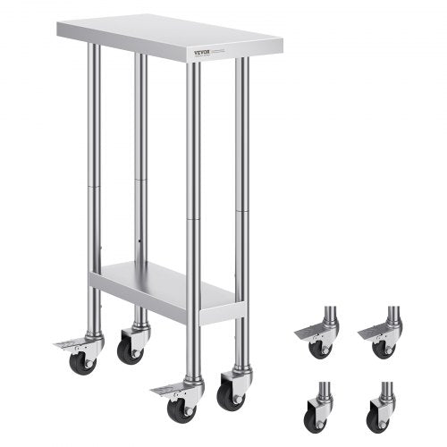 Stainless Steel Work Table 24 x 12 x 38 Inch, with 4 Wheels, 3 Adjustable Height Levels, Heavy Duty Food Prep Worktable for Commercial Kitchen Restaurant, Silver