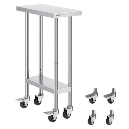 Stainless Steel Work Table 24 x 12 x 38 Inch, with 4 Wheels, 3 Adjustable Height Levels, Heavy Duty Food Prep Worktable for Commercial Kitchen Restaurant, Silver