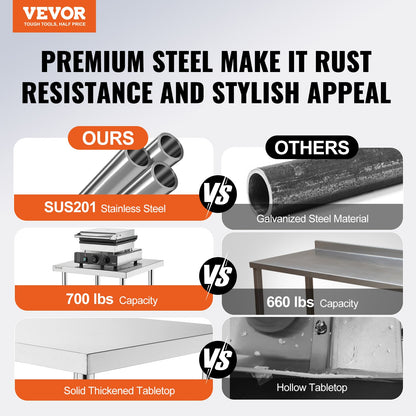 Stainless Steel Prep Table, 24 x 24 x 34 Inch, Heavy Duty Metal Worktable with 3 Adjustable Height Levels, Commercial Workstation for Kitchen Garage Restaurant Backyard