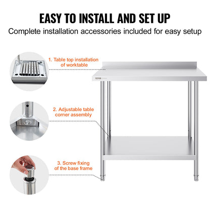 24 x 36 x 36 Inch Stainless Steel Work Table, Commercial Food Prep Worktable Heavy Duty Prep Worktable, Metal Work Table with Adjustable Height for Restaurant, Home and Hotel
