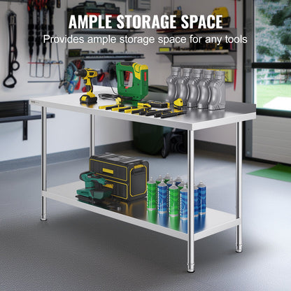 24 x 60 x 36 Inch Stainless Steel Work Table, Commercial Food Prep Worktable Heavy Duty Prep Worktable, Metal Work Table with Adjustable Height for Restaurant, Home and Hotel