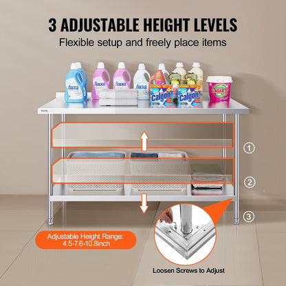 24 x 60 x 36 Inch Stainless Steel Work Table, Commercial Food Prep Worktable Heavy Duty Prep Worktable, Metal Work Table with Adjustable Height for Restaurant, Home and Hotel