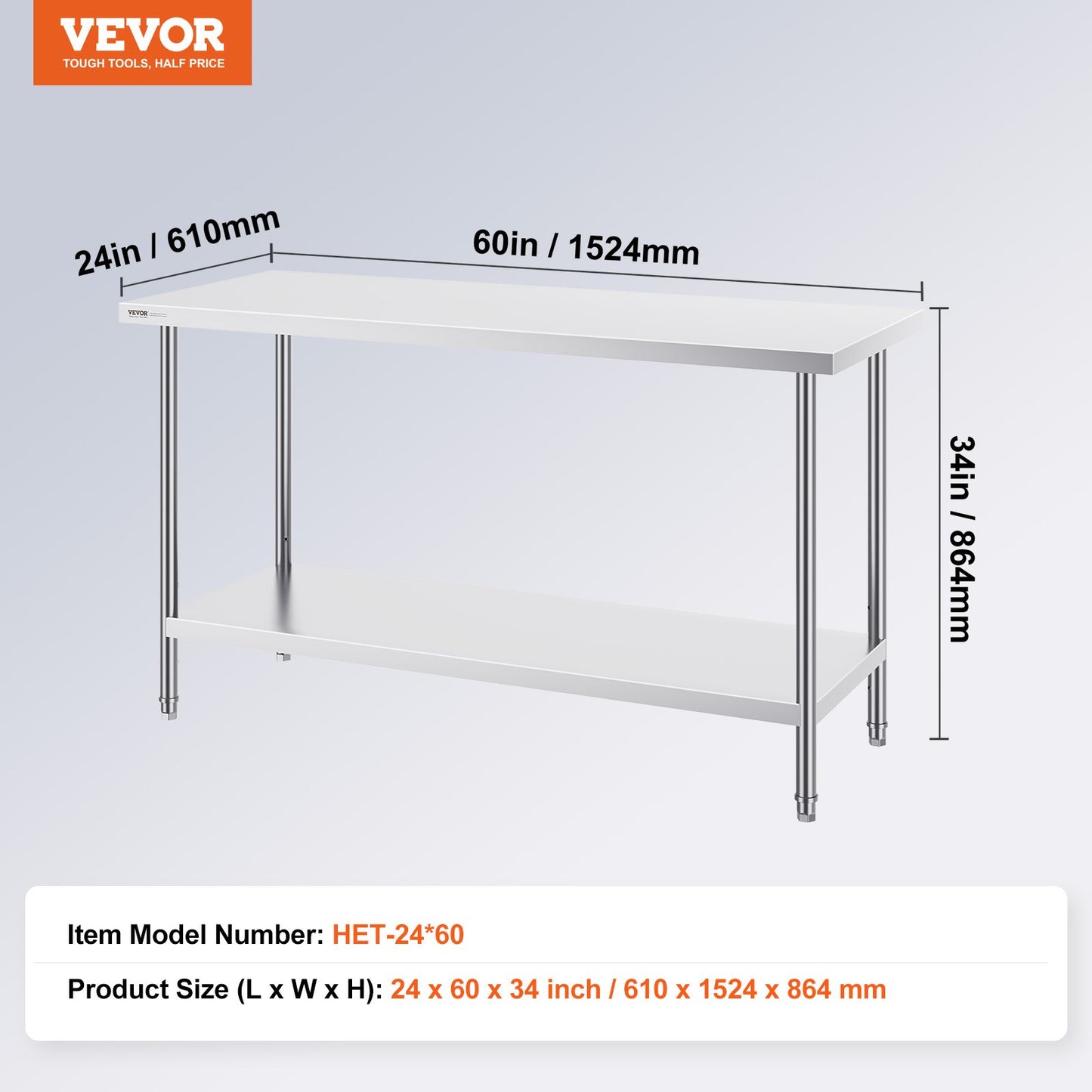 Stainless Steel Prep Table, 24 x 60 x 34 Inch, Heavy Duty Metal Worktable with 3 Adjustable Height Levels, Commercial Workstation for Kitchen Garage Restaurant Backyard