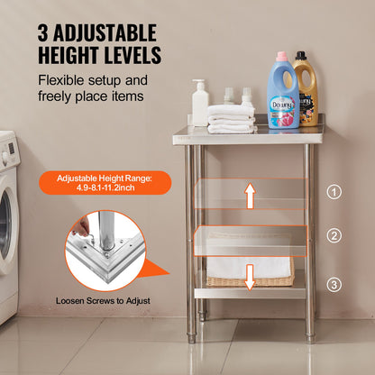 24 x 24 x 36 Inch Stainless Steel Work Table, Commercial Food Prep Worktable Heavy Duty Prep Worktable, Metal Work Table with Adjustable Height for Restaurant, Home and Hotel