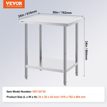 Stainless Steel Prep Table, 24 x 30 x 34 Inch, Heavy Duty Metal Worktable with 3 Adjustable Height Levels, Commercial Workstation for Kitchen Garage Restaurant Backyard