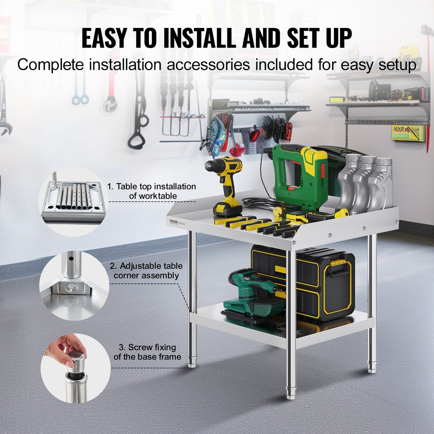 Stainless Steel Work Table, 24 x 28 x 26 Inch Commercial Food Prep Worktable, 3-Sided Backsplash Heavy Duty Prep Worktable, Metal Work Table with Adjustable Height for Restaurant Home Hotel