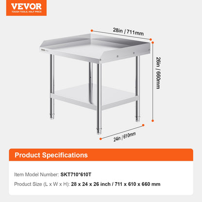 Stainless Steel Work Table, 24 x 28 x 26 Inch Commercial Food Prep Worktable, 3-Sided Backsplash Heavy Duty Prep Worktable, Metal Work Table with Adjustable Height for Restaurant Home Hotel
