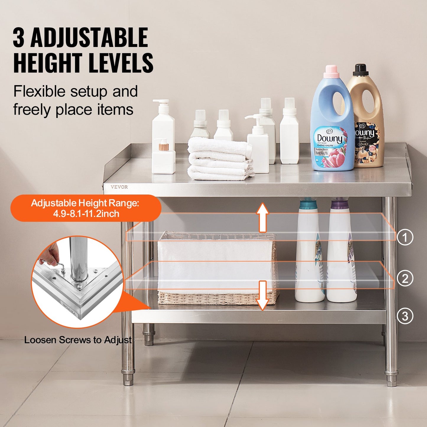 Stainless Steel Work Table, 30 x 36 x 26 Inch Commercial Food Prep Worktable, 3-Sided Backsplash Heavy Duty Prep Worktable, Metal Work Table with Adjustable Height for Restaurant Home Hotel