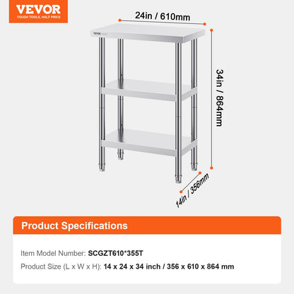 Stainless Steel Food Prep Table Commercial Kitchen Work Table 35.6x61 cm