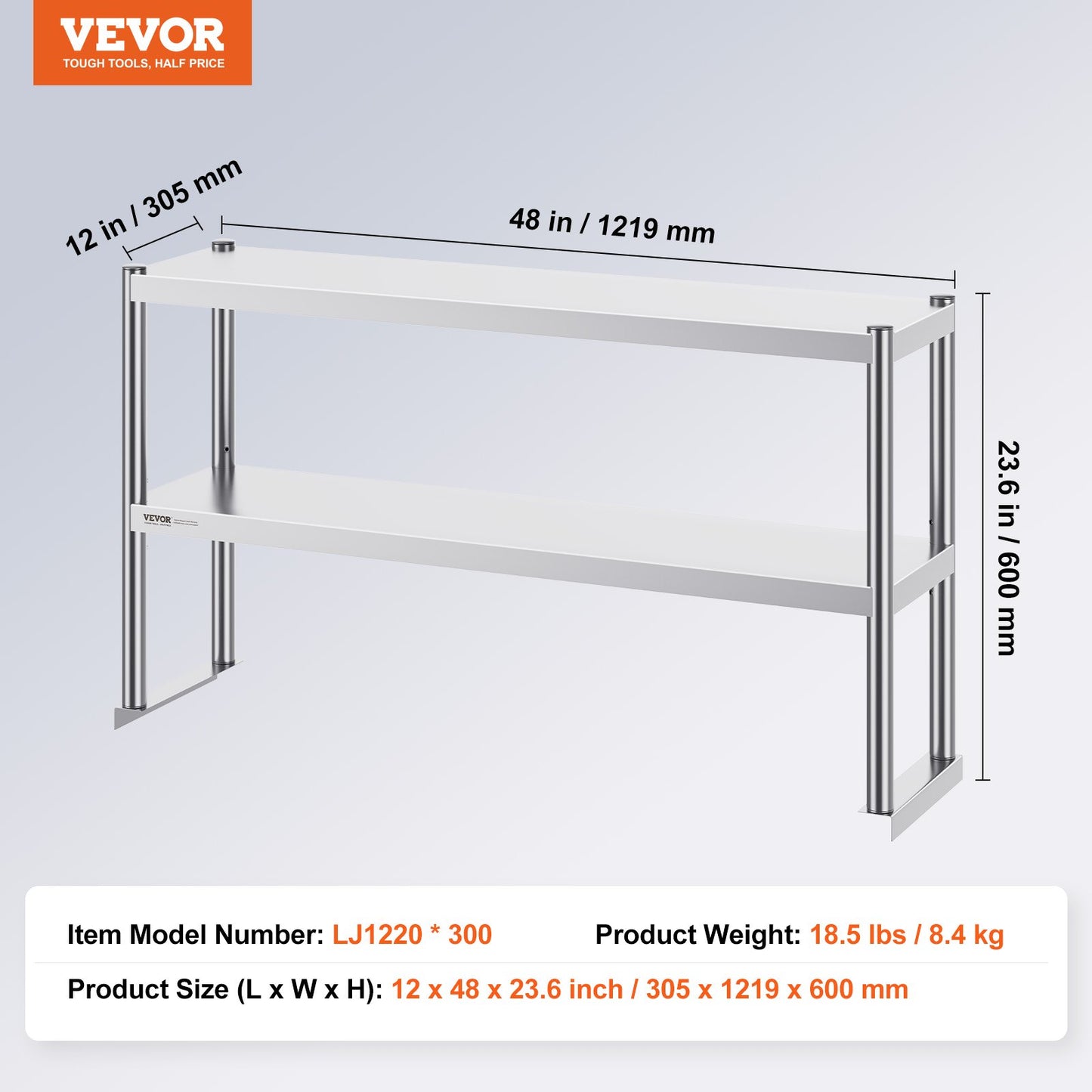 Double Overshelf, Double Tier Stainless Steel Overshelf, 12 x 48 Inch Double Deck Overshelf, Height Adjustable Overshelf Prep Work Table for Kitchen, Restaurant and Workshop
