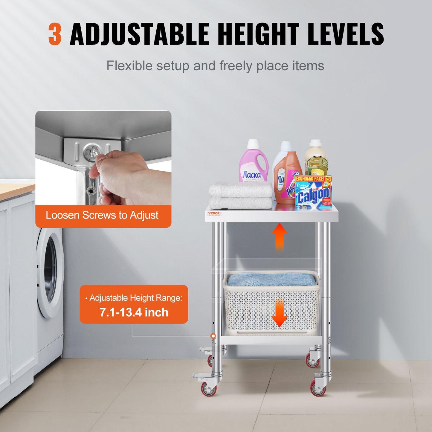 Stainless Steel Work Table 24 x 18 x 34 Inch, 700 LBS Load Capacity with 4 Wheels, 3 Adjustable Height Levels, Heavy Duty Food Prep Worktable for Commercial Kitchen Restaurant, Silver