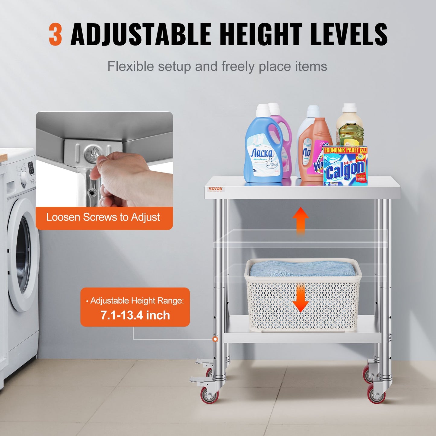Stainless Steel Catering Work Table 30x12 Inch Commercial Kitchen Table with 4 Wheels Commercial Food Prep Workbench with Flexible Adjustment Shelf for Kitchen Prep Table