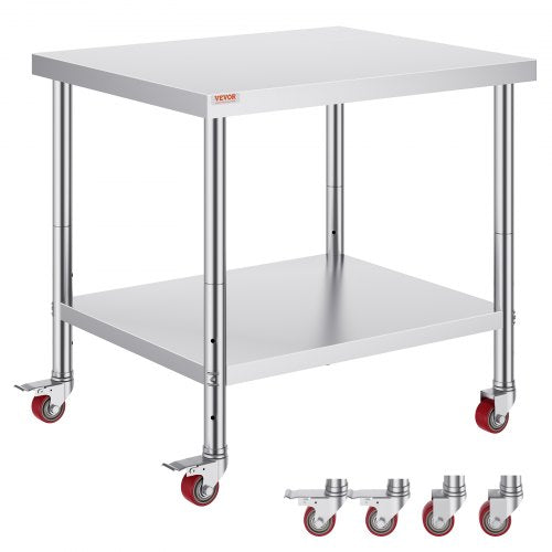 Stainless Steel Catering Work Table 30x36 Inch Commercial Kitchen Table with 4 Wheels Commercial Food Prep Workbench With Flexible Adjustment Shelf for Kitchen Prep Table