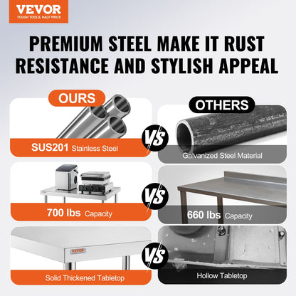 Stainless Steel Catering Work Table 30x36 Inch Commercial Kitchen Table with 4 Wheels Commercial Food Prep Workbench With Flexible Adjustment Shelf for Kitchen Prep Table