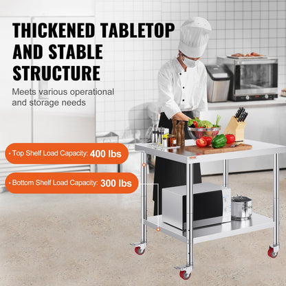 Stainless Steel Catering Work Table 30x36 Inch Commercial Kitchen Table with 4 Wheels Commercial Food Prep Workbench With Flexible Adjustment Shelf for Kitchen Prep Table