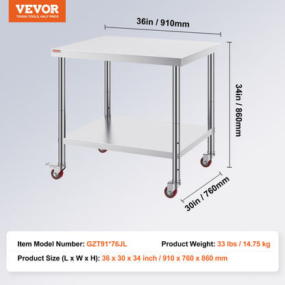 Stainless Steel Catering Work Table 30x36 Inch Commercial Kitchen Table with 4 Wheels Commercial Food Prep Workbench With Flexible Adjustment Shelf for Kitchen Prep Table