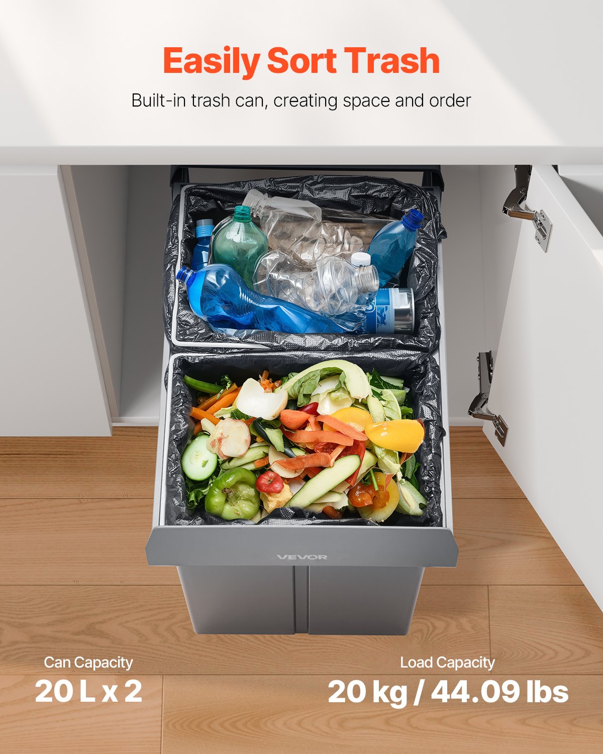 Pullout Trash Can for Kitchen Cabinets, 20Lx2 Double Under Sink Garbage Waste Recycling Bin, Under Mount Waste Container, with Heavy Duty Metal Full Extension Sliding System and Handle