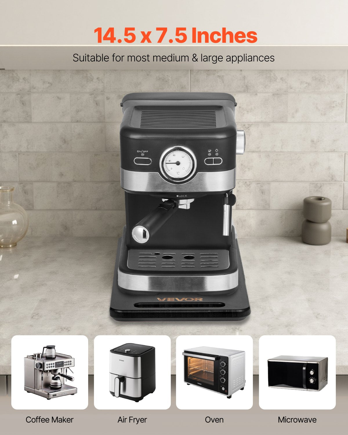 Appliance Slider, Medium 14.5 x 7.5-inch, Rolling Sliding Tray with Silent Rubber Wheels & Hollow Handle, Easy to Clean, Appliance Rolling Tray for Coffee Maker, Kitchen Countertop, Black