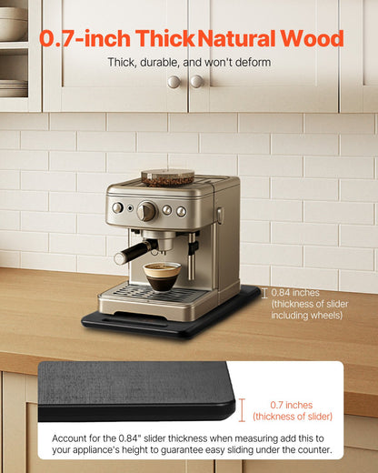 Apparatglidare, liten 14 x 9,5 tum, rullande glidbricka med tysta gummihjul och ihåligt handtag, lätt att rengöra, rullande bricka för kaffebryggare, köksbänkskiva, svart