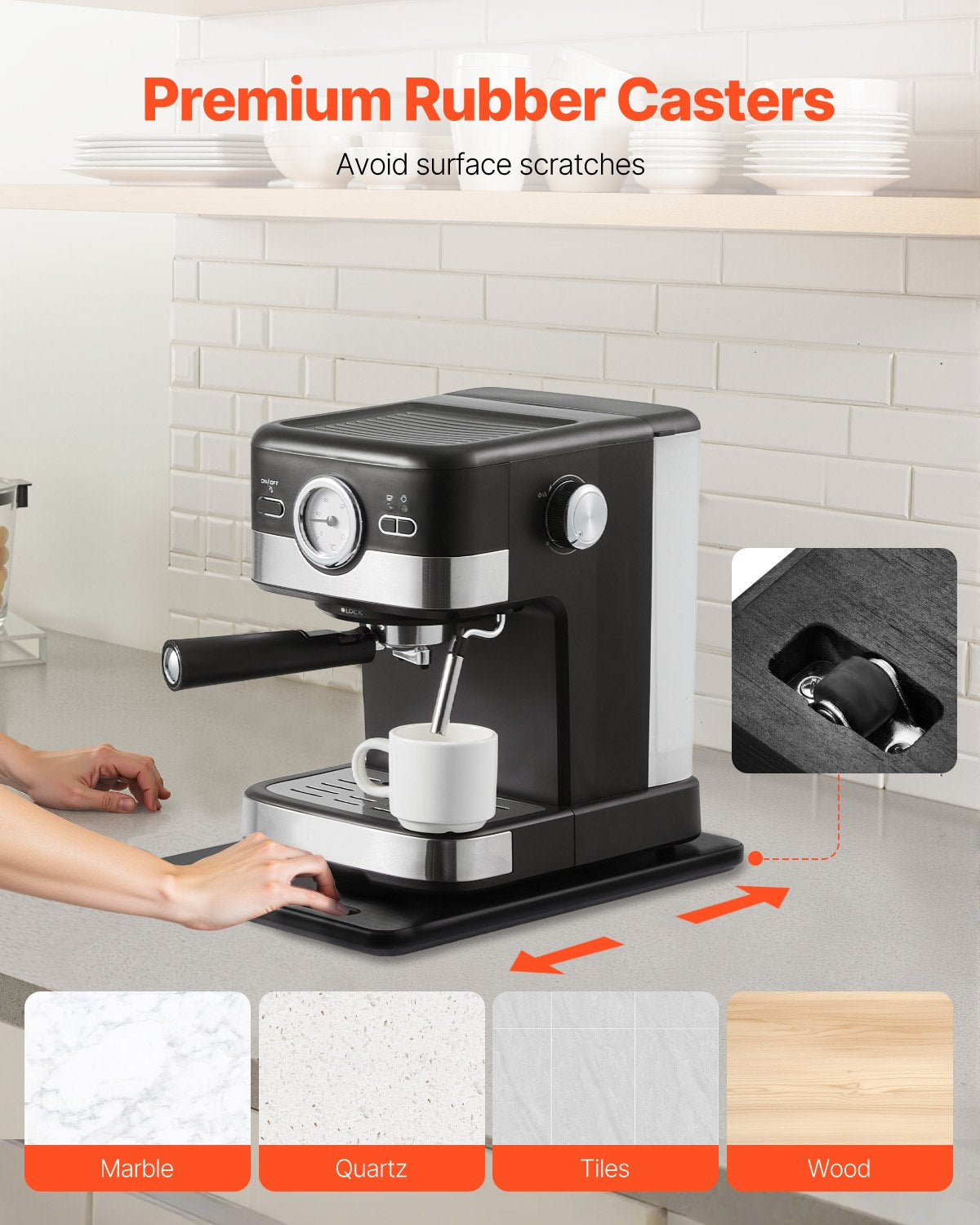 Apparatglidare, liten 14 x 9,5 tum, rullande glidbricka med tysta gummihjul och ihåligt handtag, lätt att rengöra, rullande bricka för kaffebryggare, köksbänkskiva, svart