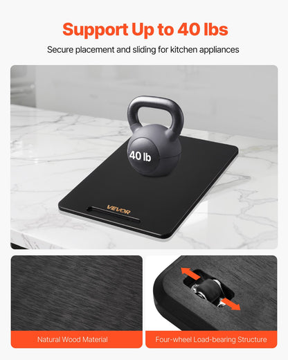 Appliance Slider, Large 16 x 12-inch, Rolling Sliding Tray with Silent Rubber Wheels & Hollow Handle, Easy to Clean, Appliance Rolling Tray for Coffee Maker, Kitchen Countertop, Black