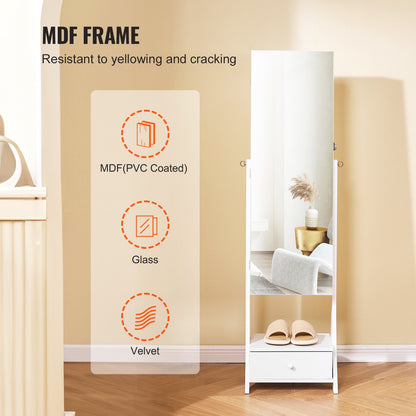 Spegelskåp för smycken, stående spegel med förvaring, låsbar smyckesspegelorganisatör med helfigursspegel, sammetsfoder, invändig LED-belysning, låda, fristående smyckesskåp, vit
