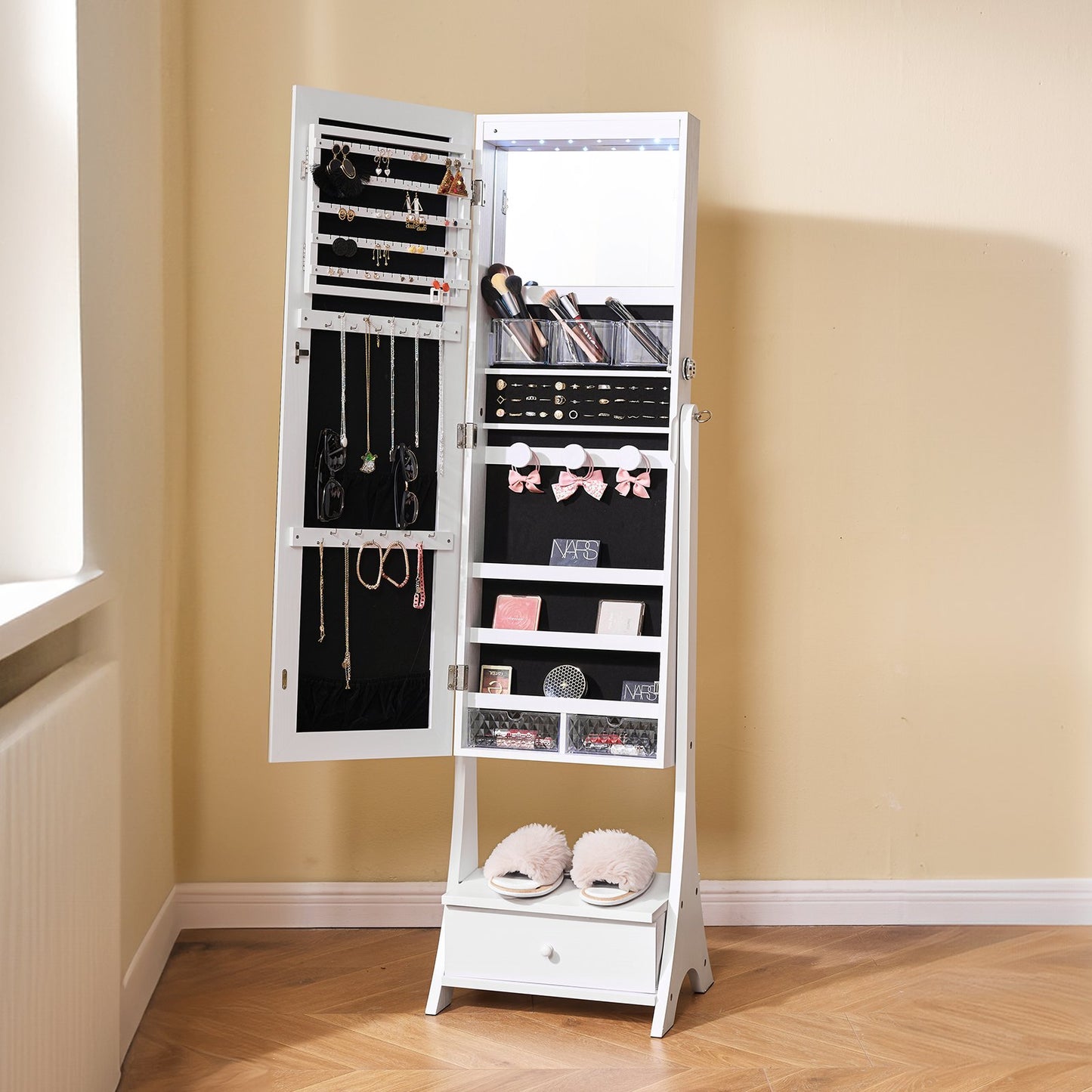 Spegelskåp för smycken, stående spegel med förvaring, låsbar smyckesspegelorganisatör med helfigursspegel, sammetsfoder, invändig LED-belysning, låda, fristående smyckesskåp, vit