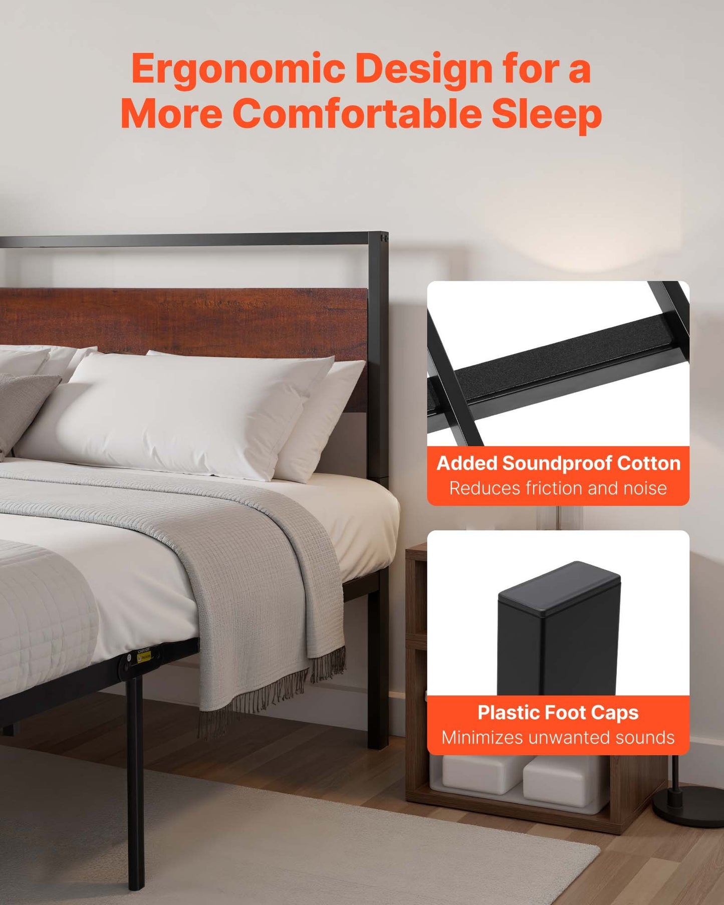 Sängram i queen size-storlek, 35 cm svart plattformssängram i metall med retro brun trähuvud- och fotgavel, stor förvaring under sängen, halkfri utan ljud, ingen boxmadrass behövs, enkel montering