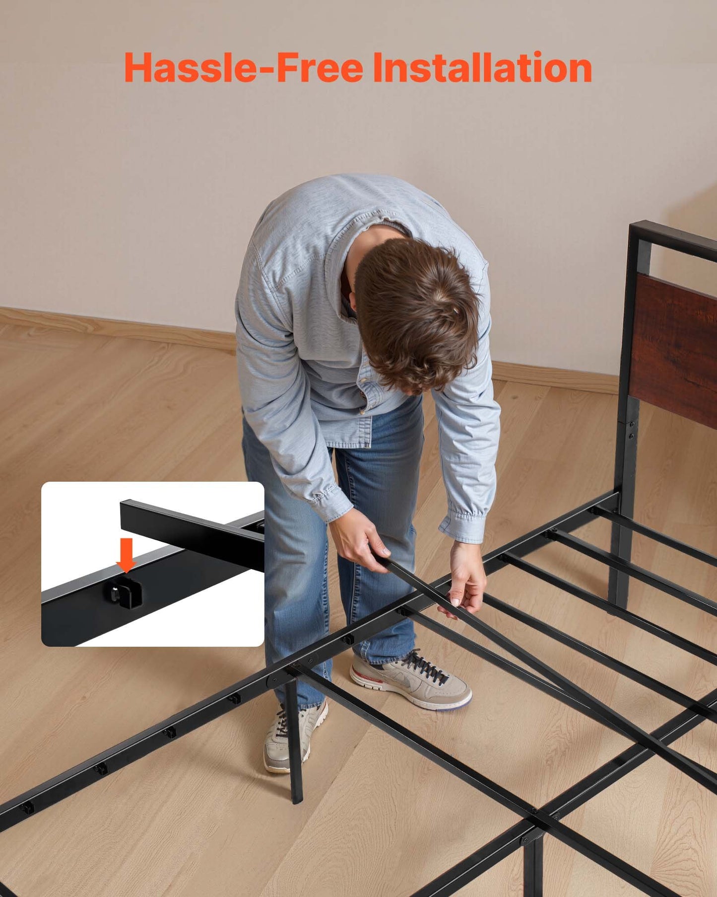 Sängram i queen size-storlek, 35 cm svart plattformssängram i metall med retro brun trähuvud- och fotgavel, stor förvaring under sängen, halkfri utan ljud, ingen boxmadrass behövs, enkel montering