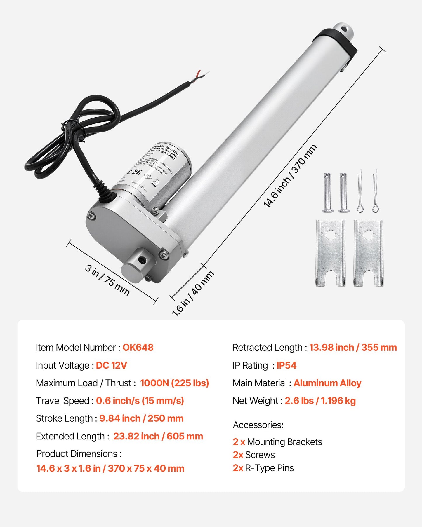 12V Linear Actuator, 250mm Stroke 15mm/s High-Speed 1000N Linear Motion Actuator - with IP54 Protection & Mounting Bracket for Lift Desk, Recliner Chairs, Window Door Opener