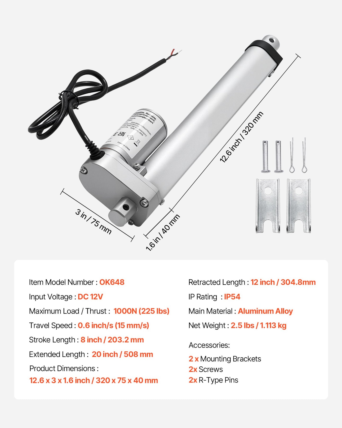 12V Linear Actuator, 203.2mm Stroke 15mm/s High-Speed 1000N Linear Motion Actuator - with IP54 Protection & Mounting Bracket for Lift Desk, Recliner Chairs, Window Door Opener