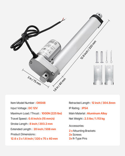 12V Linear Actuator, 203.2mm Stroke 15mm/s High-Speed 1000N Linear Motion Actuator - with IP54 Protection & Mounting Bracket for Lift Desk, Recliner Chairs, Window Door Opener