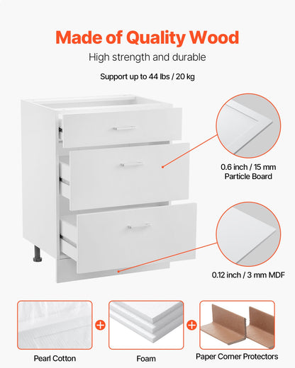 White Shaker Base Cabinet with 3 Drawers, 24-Inch Unassembled Drawer Base Cabinet, 24" W x 19" D x 32" H Ready to Assemble Cabinet with Soft-Close Drawer Slides, for Home Office