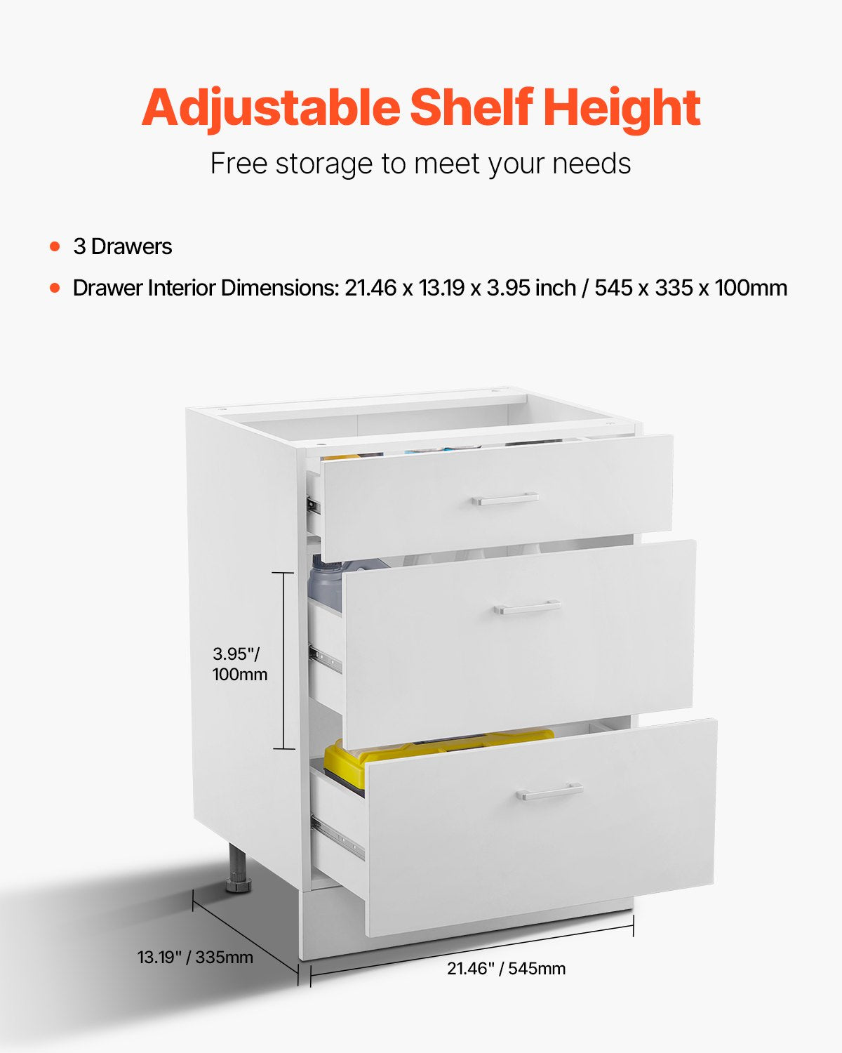White Shaker Base Cabinet with 3 Drawers, 24-Inch Unassembled Drawer Base Cabinet, 24" W x 19" D x 32" H Ready to Assemble Cabinet with Soft-Close Drawer Slides, for Home Office