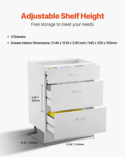 White Shaker Base Cabinet with 3 Drawers, 24-Inch Unassembled Drawer Base Cabinet, 24" W x 19" D x 32" H Ready to Assemble Cabinet with Soft-Close Drawer Slides, for Home Office
