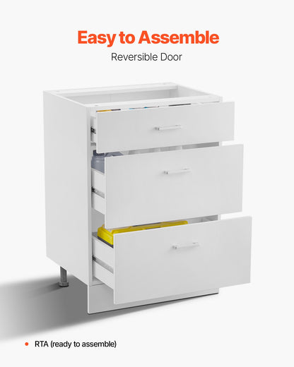 White Shaker Base Cabinet with 3 Drawers, 24-Inch Unassembled Drawer Base Cabinet, 24" W x 19" D x 32" H Ready to Assemble Cabinet with Soft-Close Drawer Slides, for Home Office