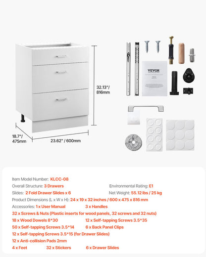 White Shaker Base Cabinet with 3 Drawers, 24-Inch Unassembled Drawer Base Cabinet, 24" W x 19" D x 32" H Ready to Assemble Cabinet with Soft-Close Drawer Slides, for Home Office