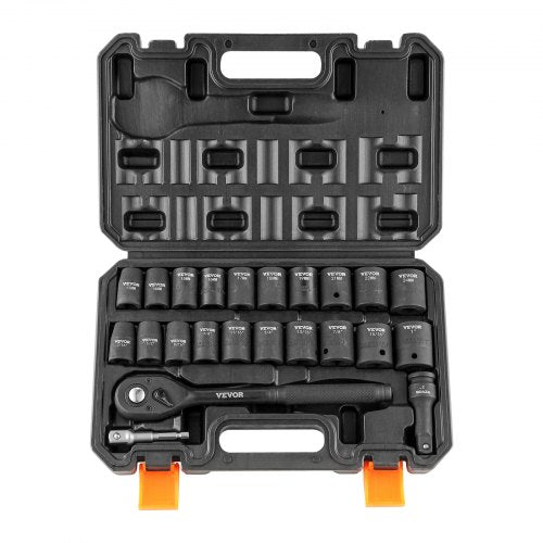 1/2" Drive Impact Socket Set, 23 Piece Socket Set SAE （7/16" -1"）& Metric 6 Point Cr-V Alloy Steel for Auto Repair with Ratchet Handle Rugged Construction Storage Case