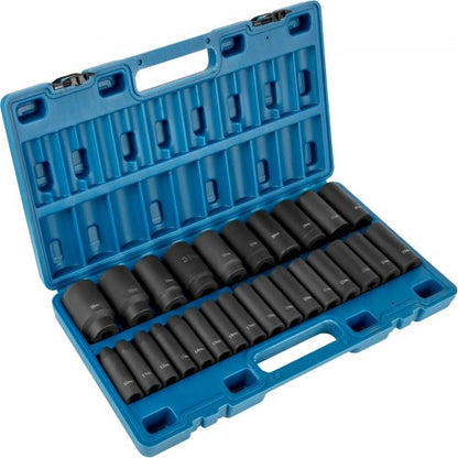 Impact Socket Set, 1/2" 26 Piece Impact Sockets, Deep Socket, 6-Point Sockets, 1/2 Inches Drive Socket Set Impact Metric 10mm - 36mm, Cr-V Rugged Construction, with a Storage Cage